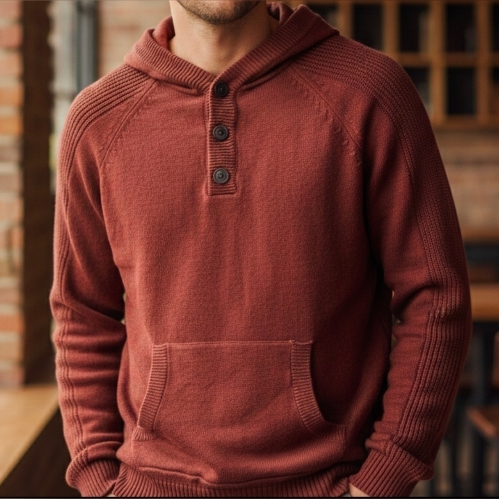 Flag & Anthem Men's Rust Red Knit Hooded Sweater Henley Cotton Pocket SMALL